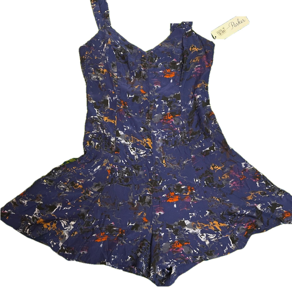 NWT 100% silk romper Parker from Bloomingdale’s. SZ S blue abstract/watercolor